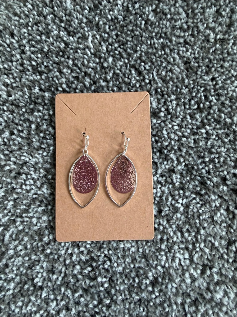 Silver Frame Teardrop Earrings with Deep Wine Inset